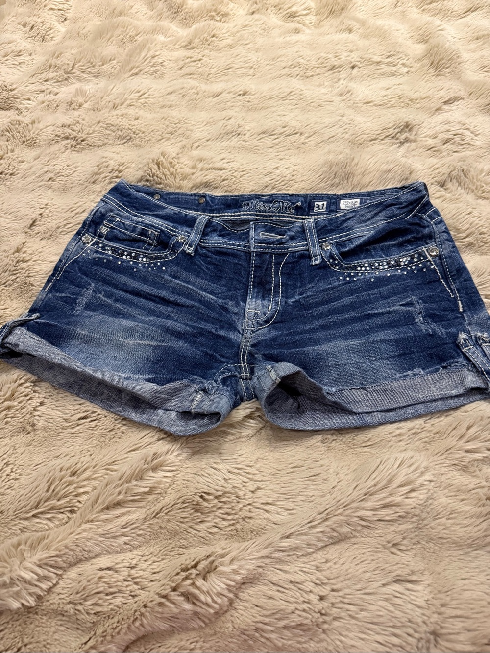 Miss Me Blue Denim Rhinestone Pocket Jean Shorts
